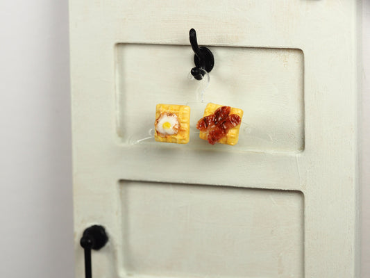 Polymer clay egg & bacon waffles ear studs