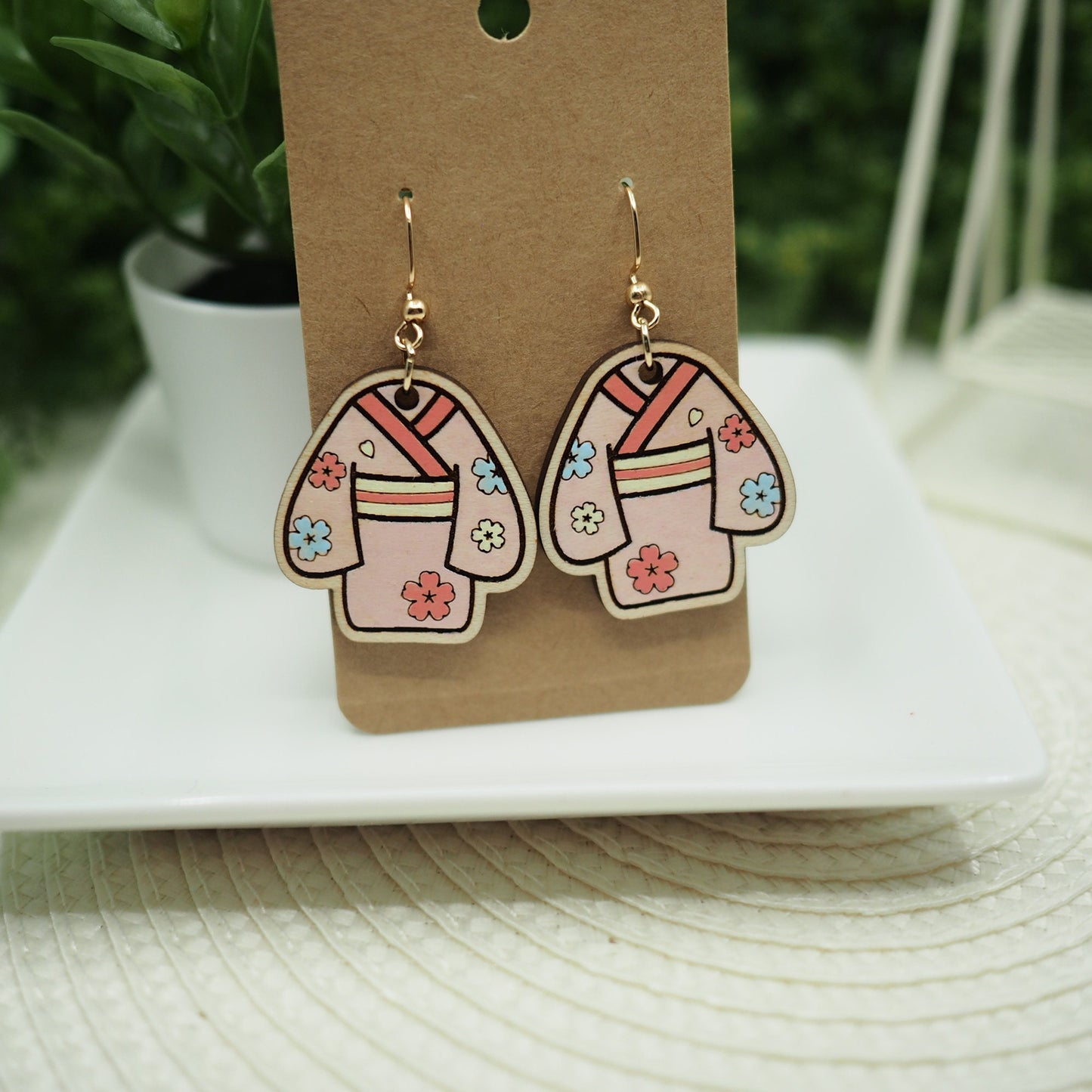 Hand-painted Wood Kimono Earrings