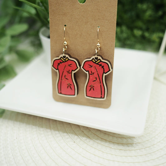 Hand-Painted Kawaii Qipao Earrings with Bamboo Design