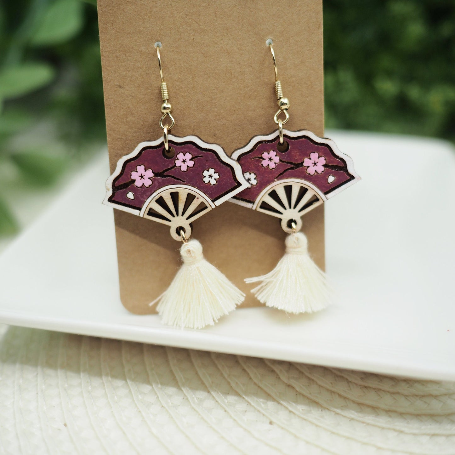 Wood Laser-Cut Earrings: Asian Hand Fan with Cherry Blossom