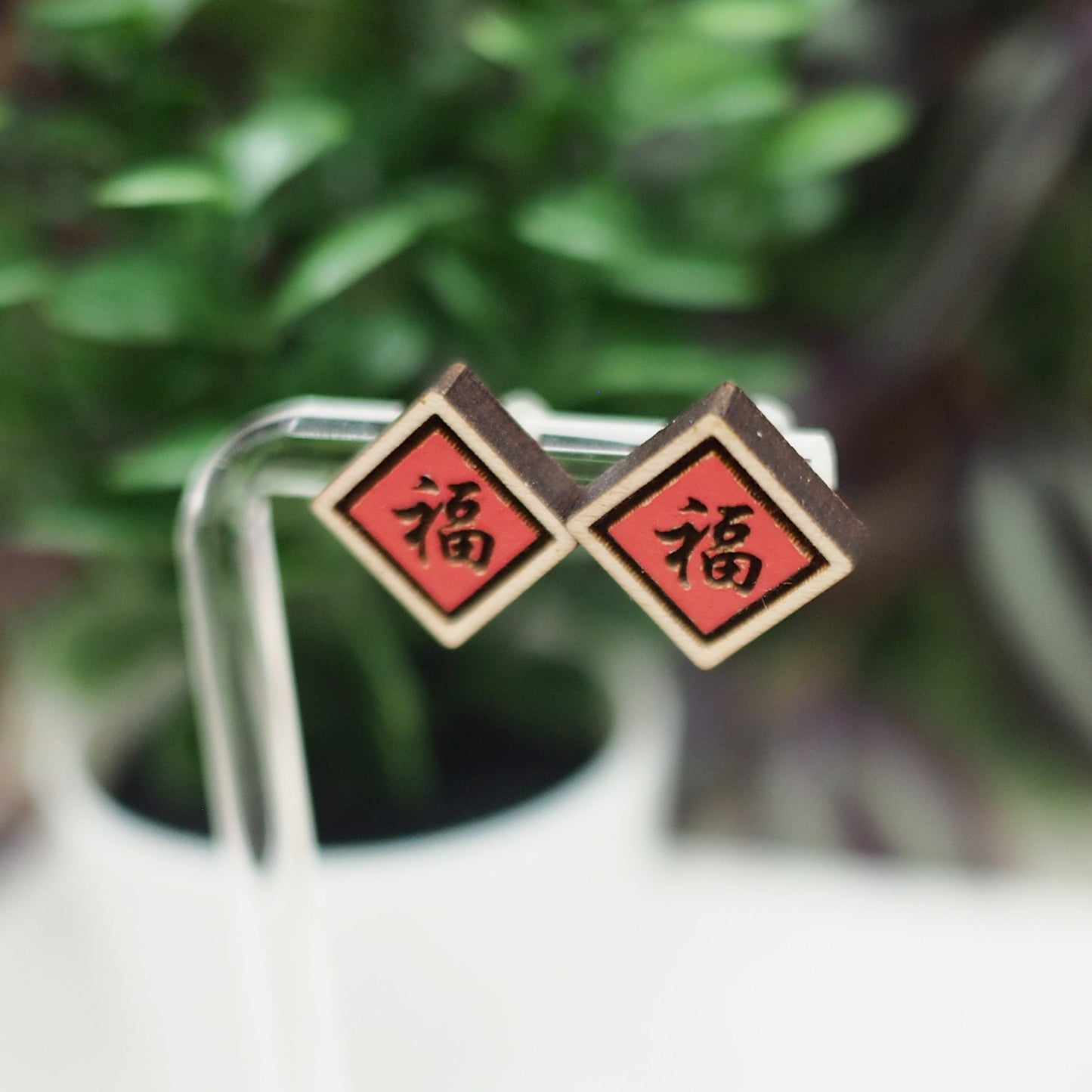 Hand-Painted Wood Earrings: Chinese Fortune/Luck Banner Design