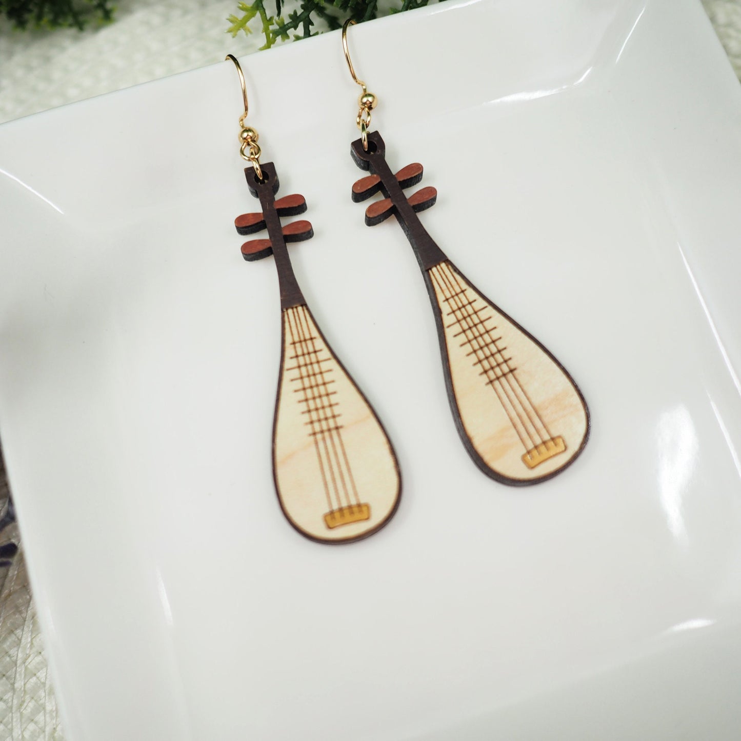 Handcrafted Wood Laser-Cut Earrings: Asian Pipa Design