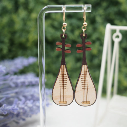 Handcrafted Wood Laser-Cut Earrings: Asian Pipa Design