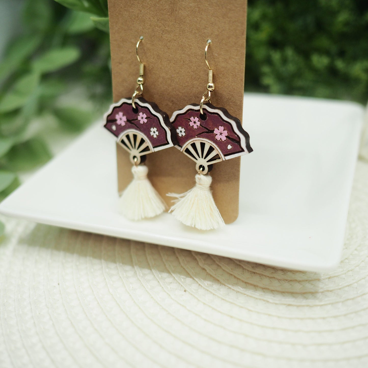 Wood Laser-Cut Earrings: Asian Hand Fan with Cherry Blossom