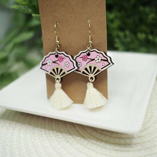 Wood Laser-Cut Earrings: Asian Hand Fan with Cherry Blossom