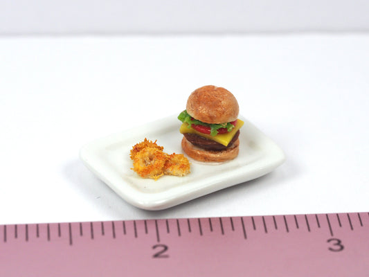 Miniature burger with fries/onion rings