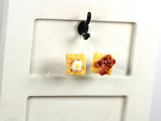 Polymer clay egg & bacon waffles ear studs
