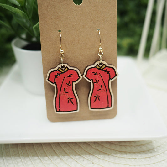 Hand-Painted Kawaii Qipao Earrings with Bamboo Design