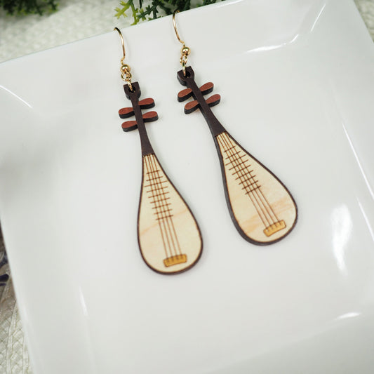 Handcrafted Wood Laser-Cut Earrings: Asian Pipa Design