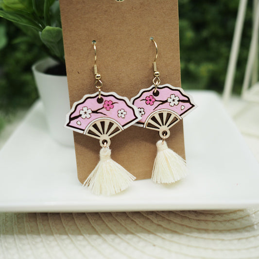 Wood Laser-Cut Earrings: Asian Hand Fan with Cherry Blossom