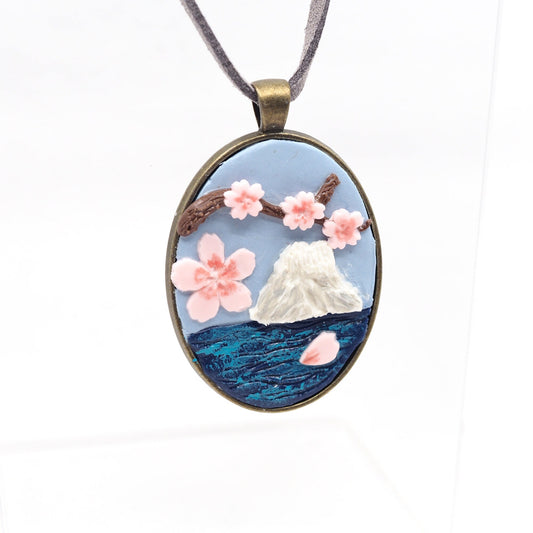 Mt. Fuji & Sakura Flowers Polymer Clay Pendant | Handcrafted Japanese-Inspired Necklace | Cherry Blossom Jewelry